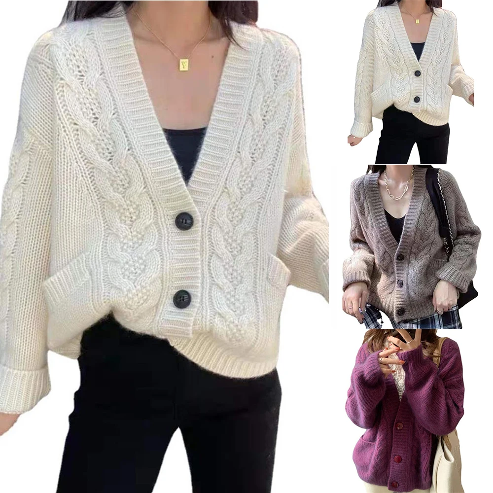 

Spring Autumn Women Coat Cardigans Female Gray Sweater Knitwear Casual Knit Loose V-Neck Short Lady Knitted