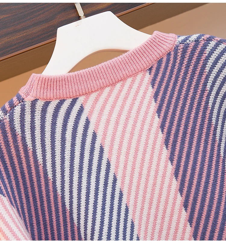 

High Quality Fashion Fall Winter New Lantern Sleeve Colorful Striped Sweater Skirt Suits Female Thicken Knitted Sets Outfits