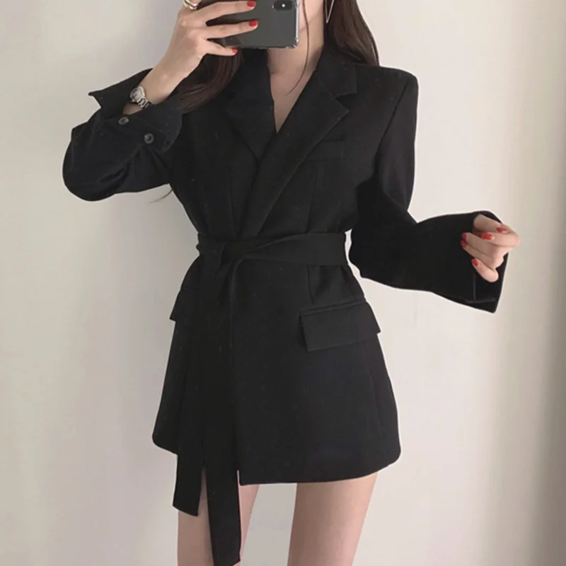 

New Autumn Winter Women Blazer Office Ladies Lace Up Notched Formal Outwear Elegant White Black Tops