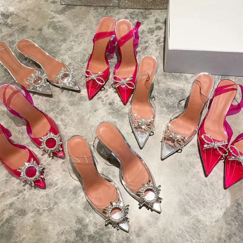 Прозрачные розовые туфли из ПВХ на высоком каблуке шпильке с острым носком