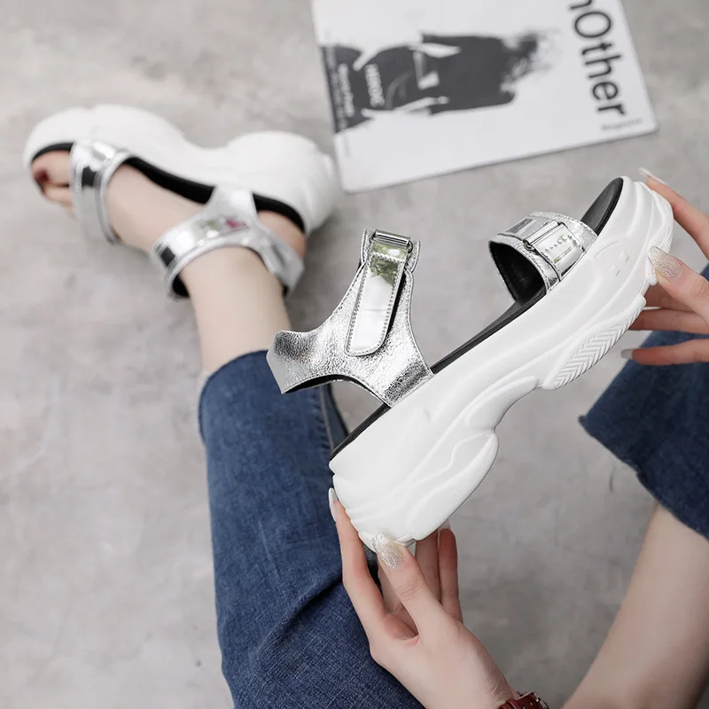 Platform Women's Sandals PU Leather Silver Casual Fashion Hook&ampLoop Ladies Shoes Wedge Women Beach 2048w | Обувь