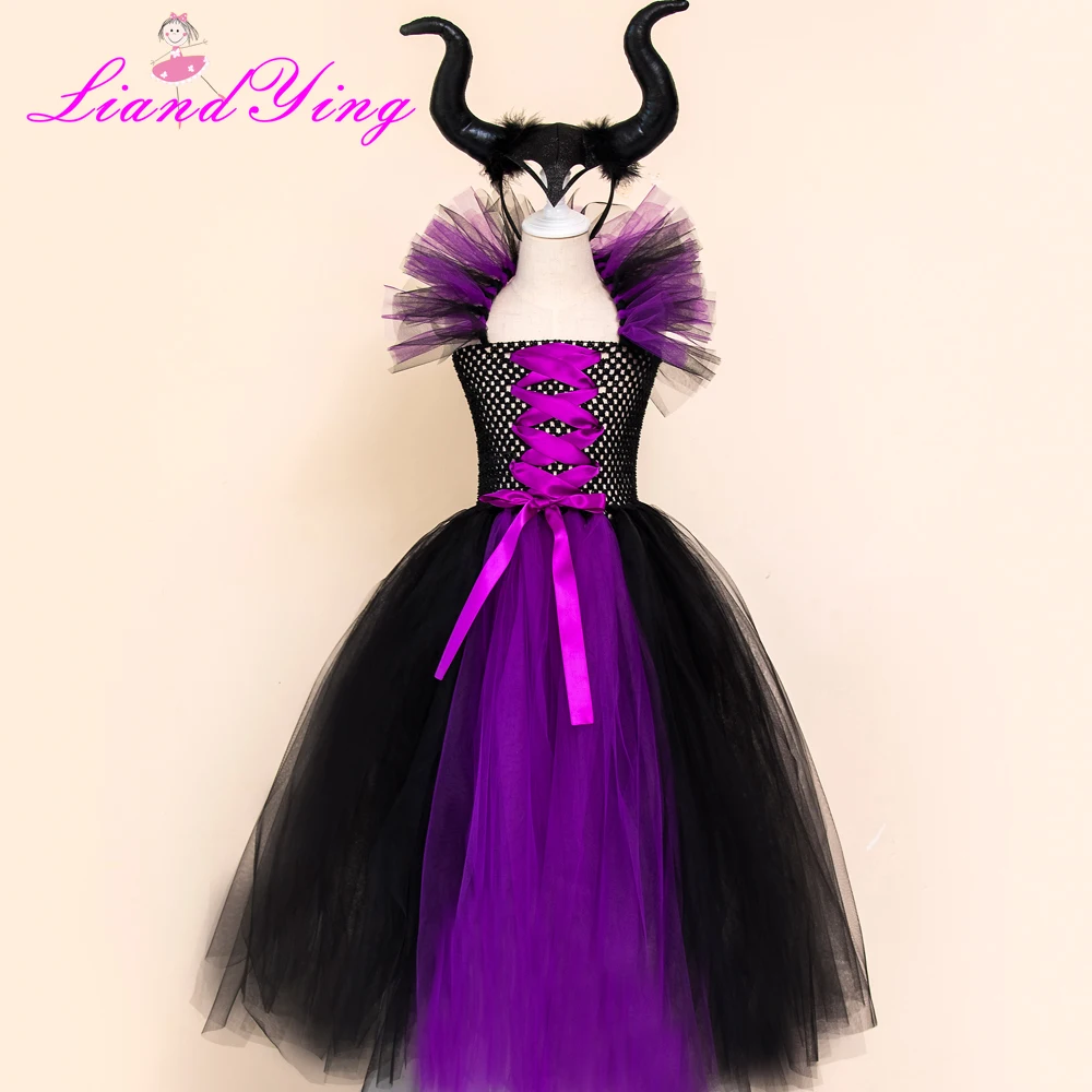 Maleficent/платье-пачка «злая королева» для девочек с рогами, костюм ведьмы для косплея для девочек, детское праздничное платье, детская одежда