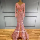 Женское вечернее платье-русалка, розовое платье с длинным рукавом и блестками в мусульманском стиле, роскошное элегантное платье для выпускного вечера, модель SS464