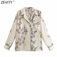 zevity women vintage ribbon edge floral print smock blouse elegant female chic pocket leisure kimono shirts blusas tops ls9470