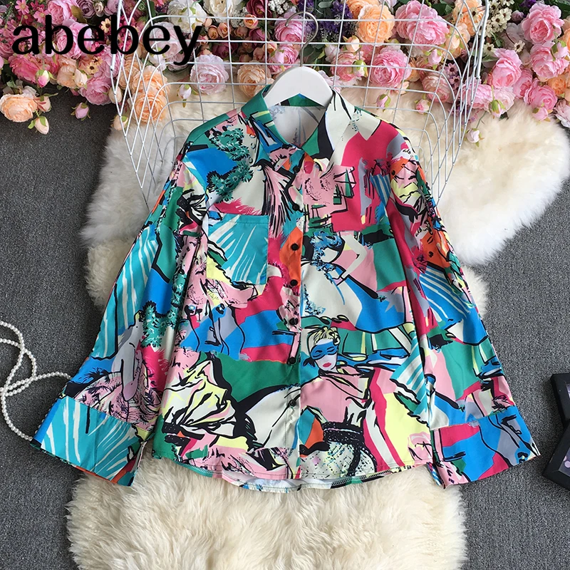 

2021 New Spring Autumn Fashion turn down collar long sleeve Shirt Abstract cartoon print single breasted loose casual Shirt Top