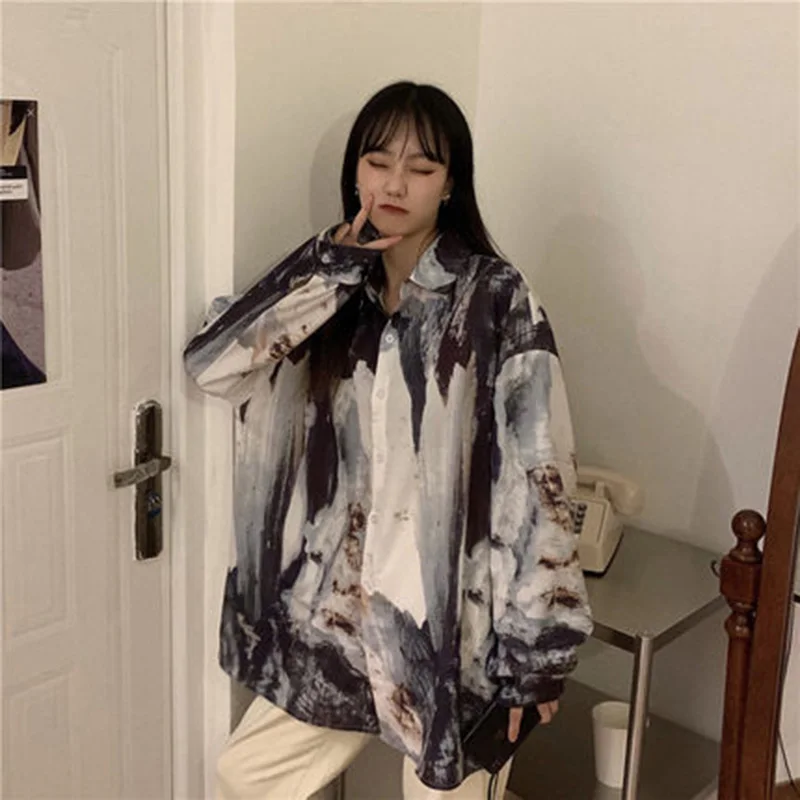 

Women Shirt Tie-dye long-sleeved Oversize 2XL Leisure Fashion Loose All-match Womens Long Sleeves Soft Chic Korean Style Tops