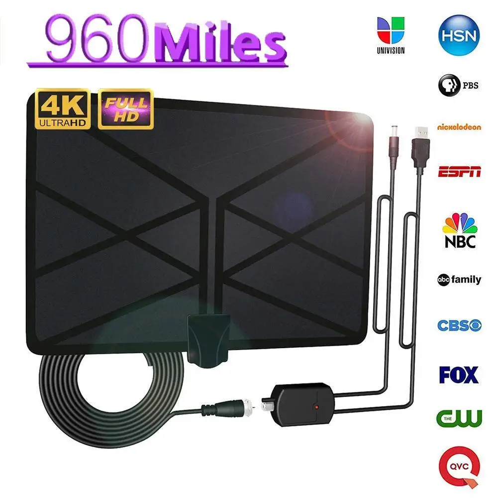 

960 Miles TV Aerial Indoor Amplified Digital HDTV Antenna With 4K UHD 1080P DVB-T Freeview TV for Life Local Channels Broadcast