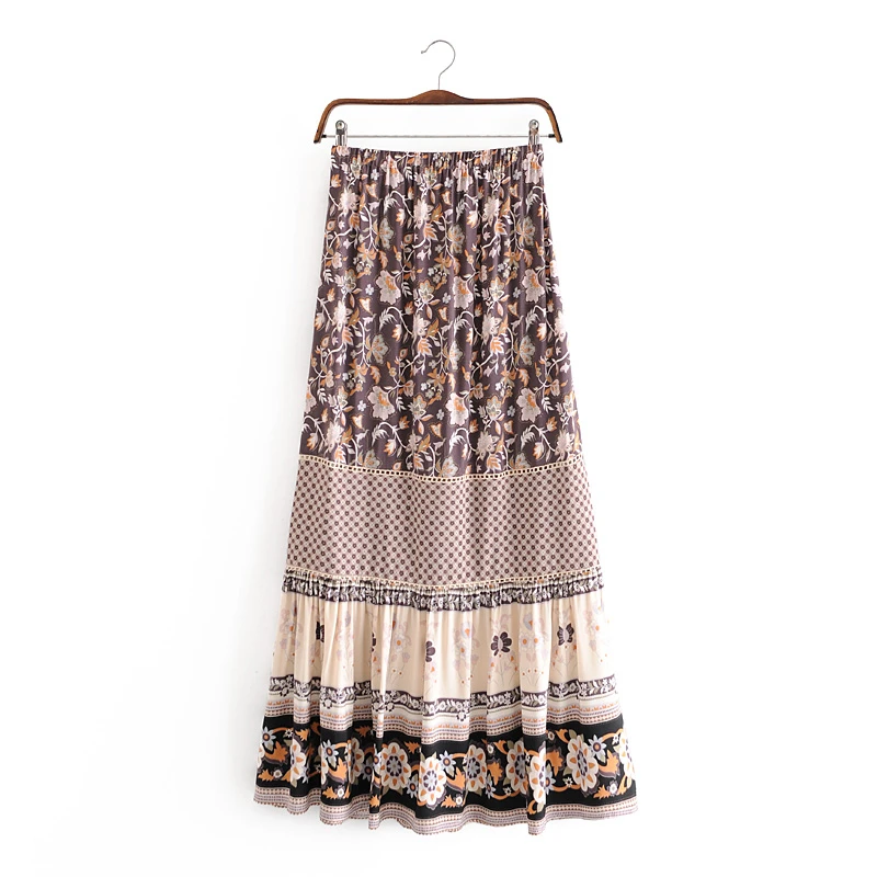 

Vintage chic fashion Hippie women beach Bohemian purple floral print skirt High Elastic Waist A-Line Boho Maxi Skirt Femme