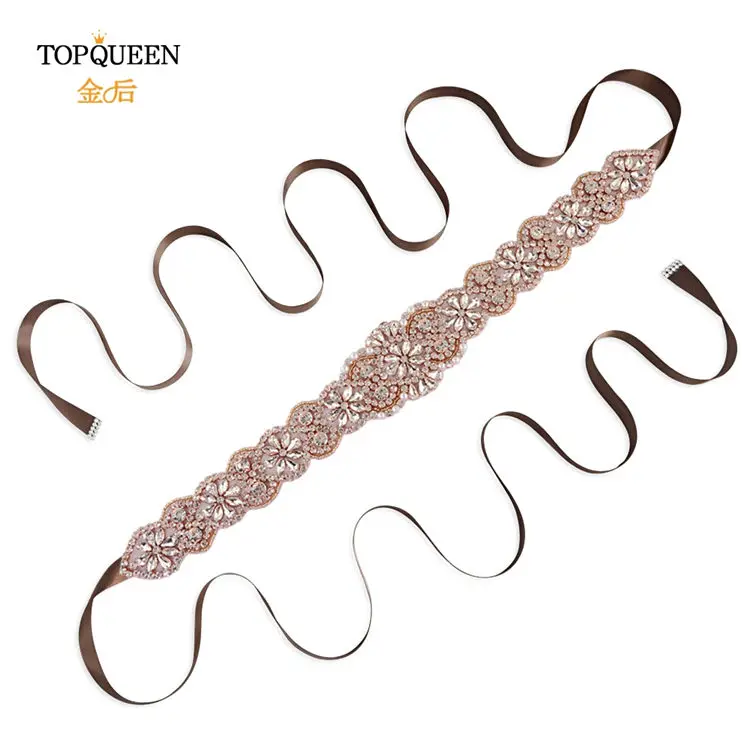 brown TOPQUEEN S161B-RG, розовое золото, свадебный пояс, стразы, стразы, пояс для свадебного платья - Цвет: brown