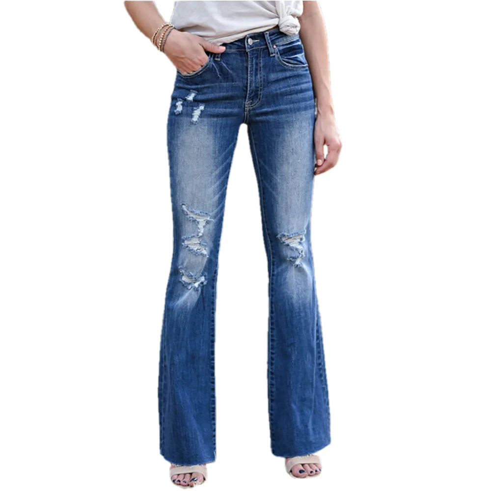 

Модные женские джинсы на пуговицах с высокой талией и карманами, эластичные джинсы с дырками, свободные уличные прямые джинсовые брюки