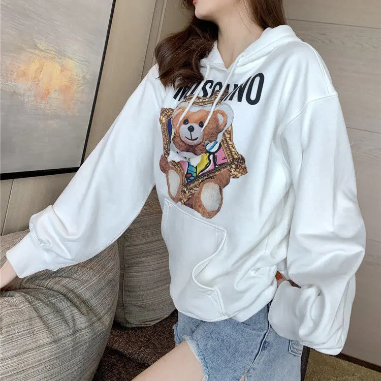 

New Moschino photo frame bear letter Sweatshirt female tide ins hooded loose casual couple cartoon long sleeve