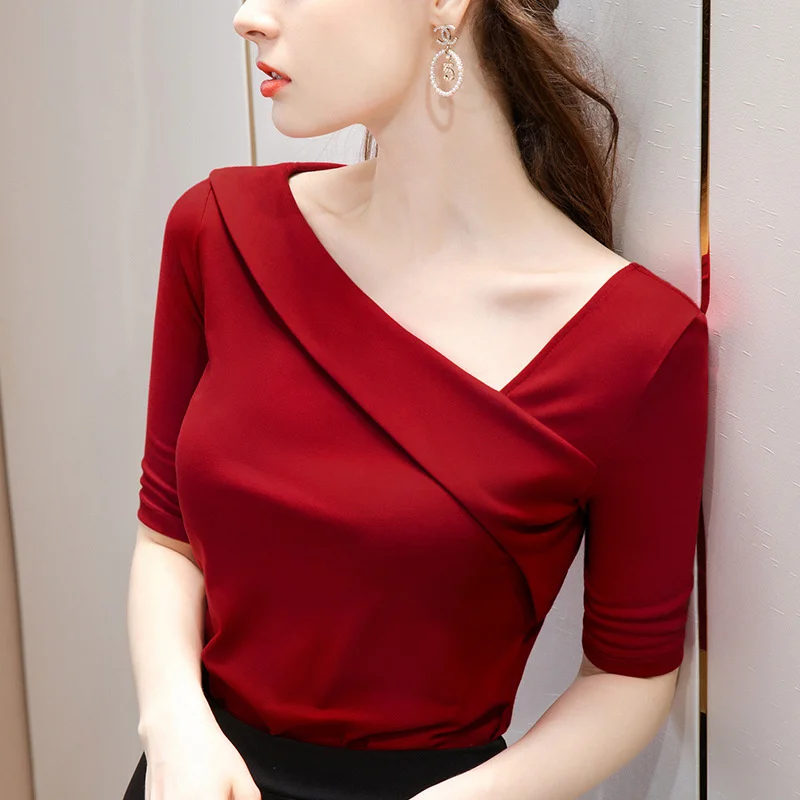 

Medium sleeve t-shirt female 2021 spring new cotton T-shirt foreign style small shirt 5 / 2 sleeve sexy exposed clavicle slant