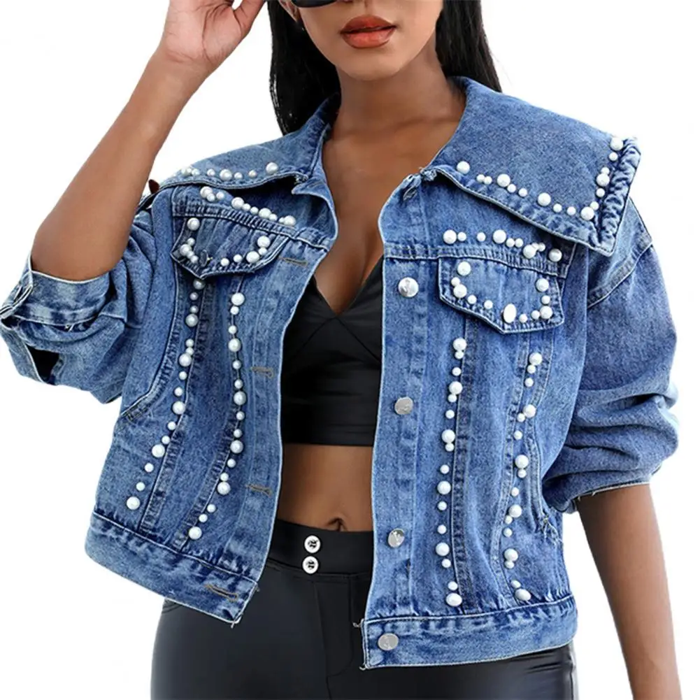 

Женская джинсовая куртка с большим воротником, однобортная джинсовая куртка с бусинами и длинным рукавом, уличная одежда, однобортная джин...