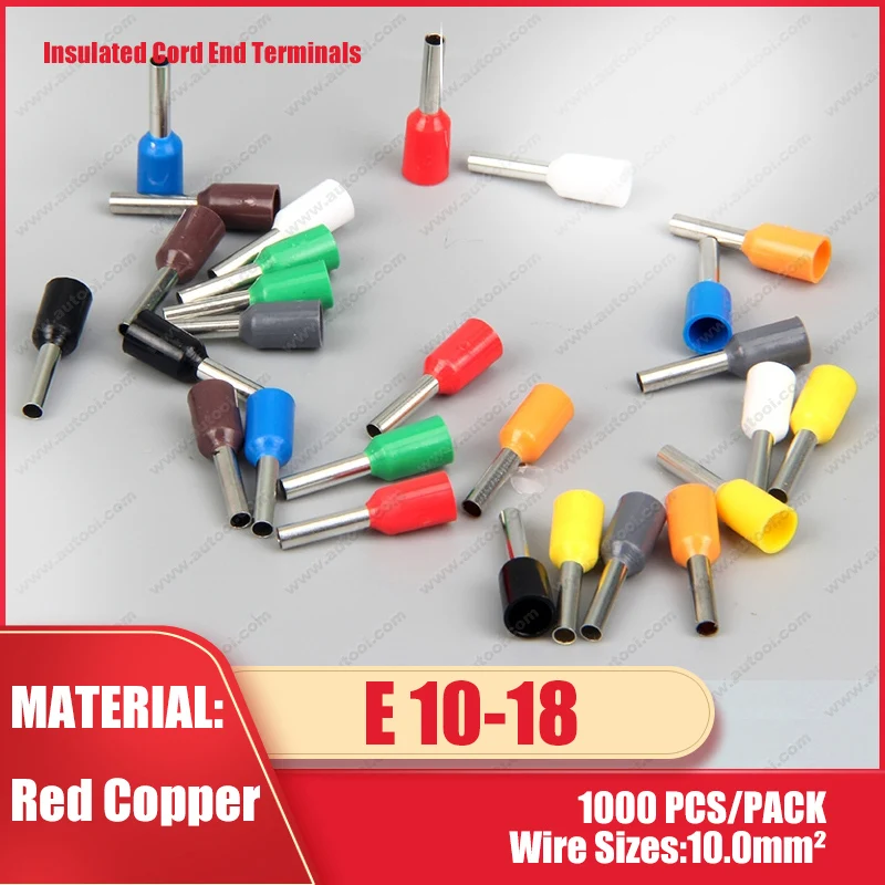 

1000PCS/pack E10-18 pre-insulated Cord End terminals Wire Connectors Bootlace Ferrules for 10mm2 18mm Pin of Length Brass tube