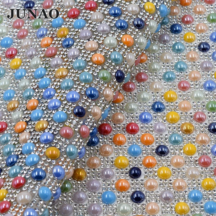 JUNAO 24*40 см 8 мм разноцветные жемчужные бусины сетка горячей фиксации стразы