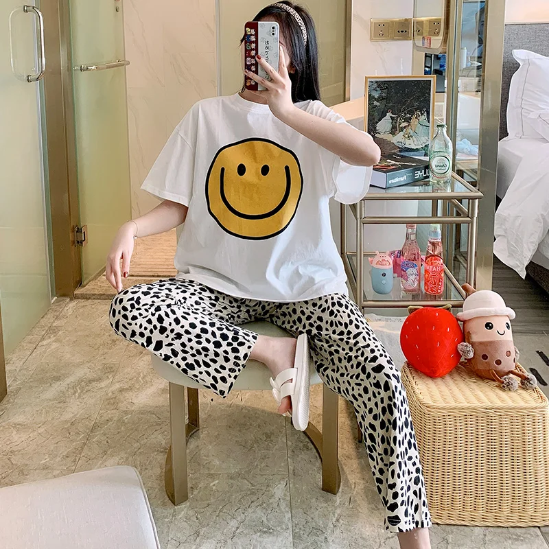 

Striped Smiley Face Pajamas Women's Summer Korean-Style Cotton Short-Sleeved Trousers Suit Loose Thin Spring and Autumn Home