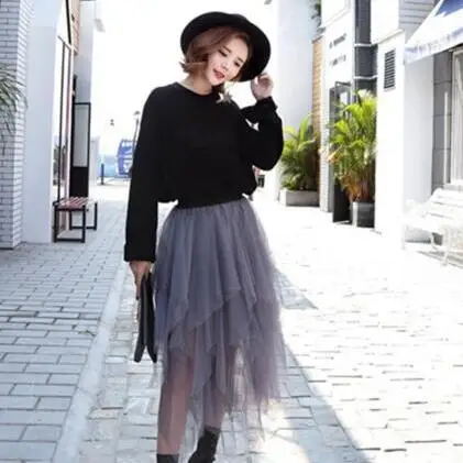 Эластичная длинная Тюлевая юбка с высокой талией Женская юбка-пачка неровным