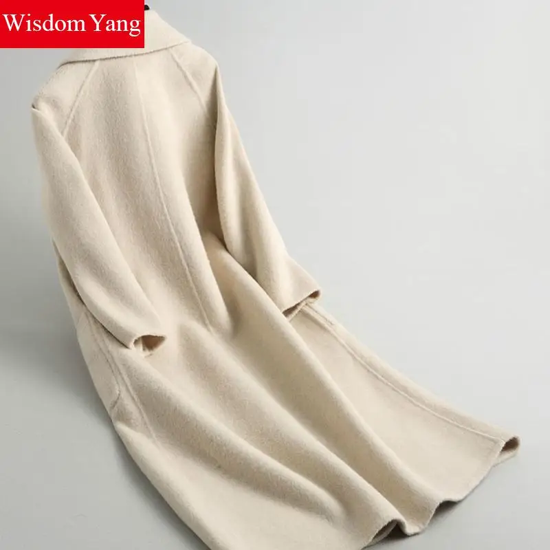 

Winter Women Coat Red Beige Long Sleeve Sheep Wool Alpaca Cashmere Coats Slim Ladies Elegant Trench Woolen Overcoats Outerwear