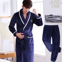 thick warm robe add pants pajama sets solid color flannel long sleeves couples bathrobe turn down collar plus size home wear