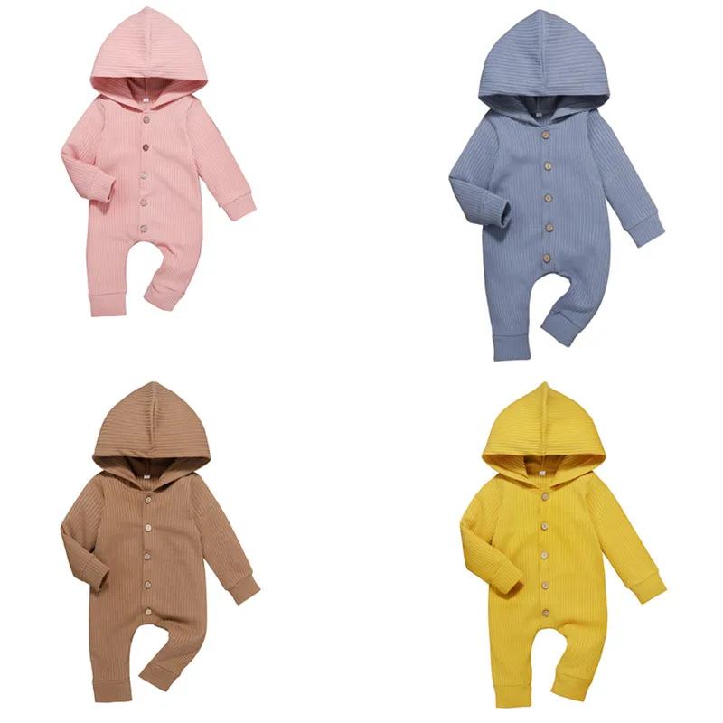 

Детский комбинезон с капюшоном, простой, однотонный, однобортный, украшенный свернутыми манжетами, хлопковая, с длинными рукавами, милая, ве...