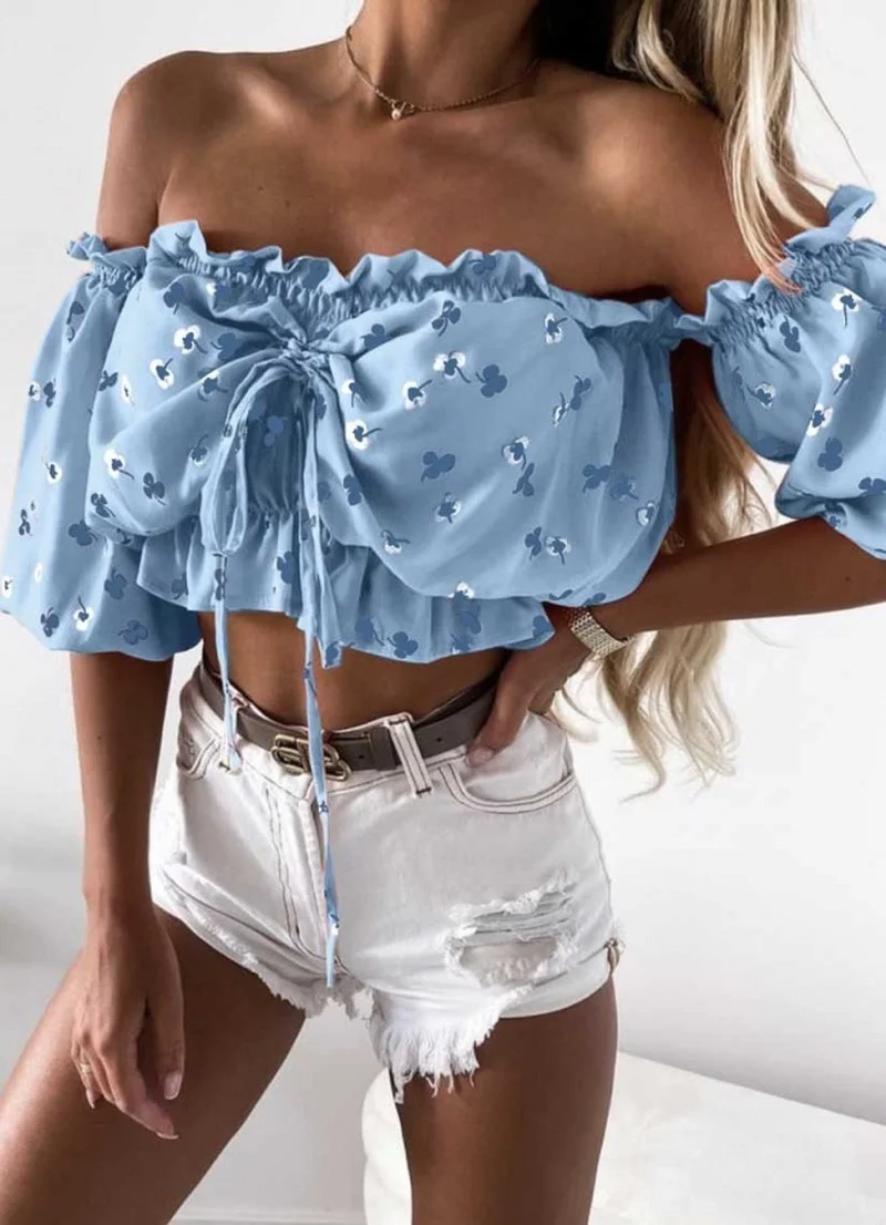 

Модная женская футболка, повседневный пуловер с воротником «одно слово», привлекательная Кружевная футболка на шнуровке с коротким рукаво...