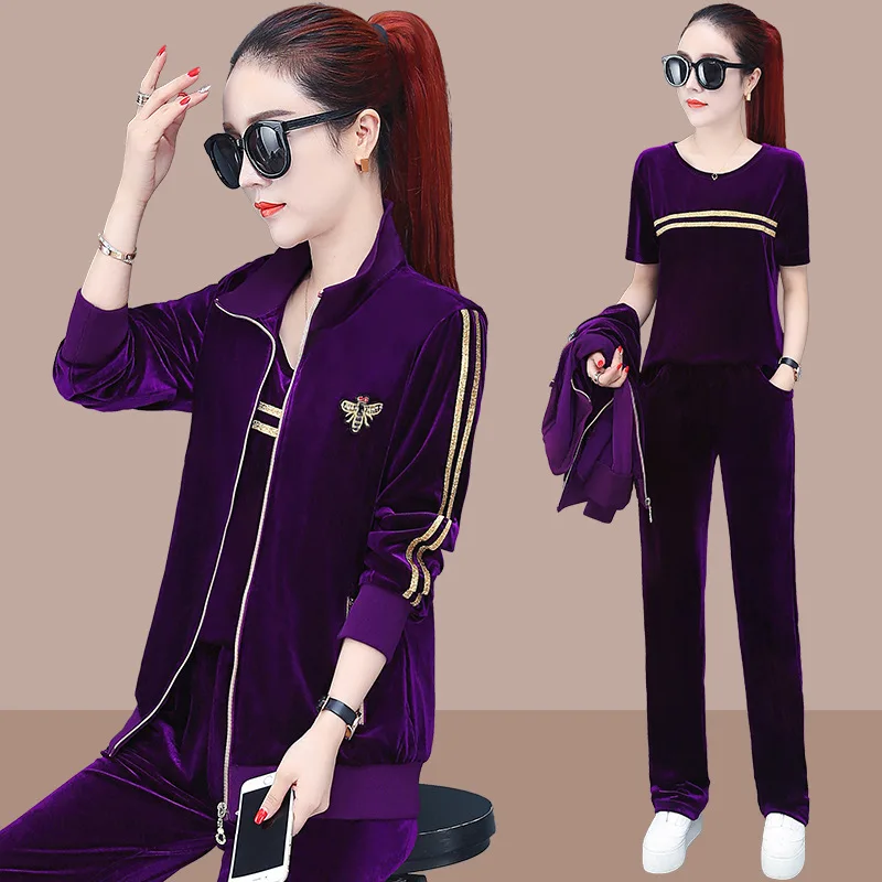 Осенний и зимний Золотой Бархатный спортивный костюм женский среднего возраста