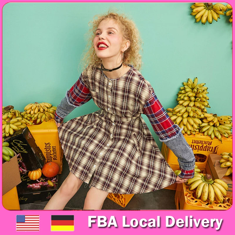 Женское платье в клетку ELFSACK US & DE FBA стильное джинсовое стиле пэчворк с рукавами