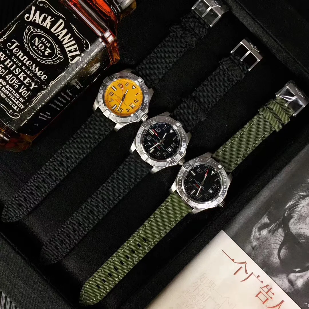 

Luxury New Silver Black Green Canvas Leather Automatic Mechanical Men Stainless Steel Watch Sapphire Chronometer Yellow