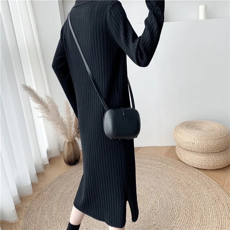 

Seoulish Autumn Winter Lace Up Knitted Women Straight Dress 2021 New High Waist Long Sleeve Single Breasted Sweater Dress Female