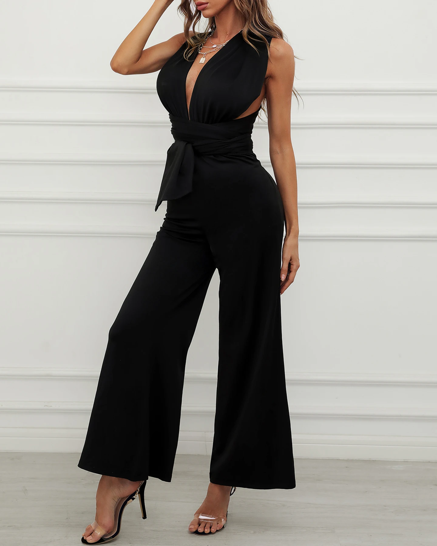 

Summer Women Jumpsuit Plain V Neck Knotted Flared Crossed Back Long Wide Pants Rompers Office Overalls New