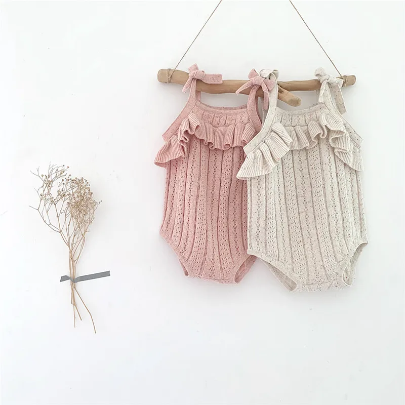 Baby Girl Sling Knit Romper Lovely Cotton Rompers Infant Girl Summer Clothing Knitted Sweet Ruffle One-piece