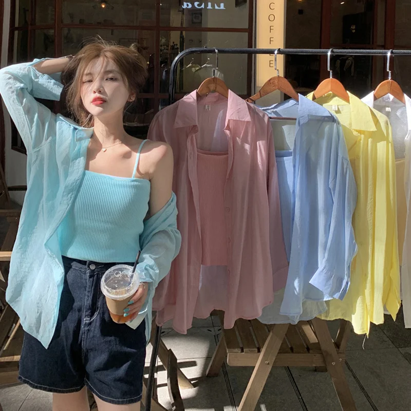 Женская Солнцезащитная рубашка голубая тонкая с длинным рукавом весна-осень 2021 |