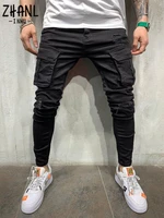 men stretchy multi pocket skinny ripped jeans mens slim fit jogger pencil pants 2021 fashion jeans sweatpants hip hop trousers