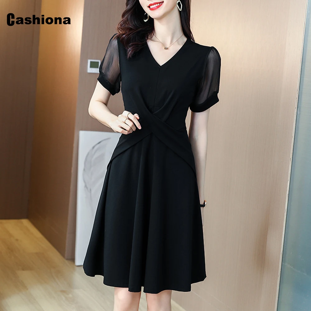 

Cashiona Plus Size Women Patchwork Mesh Dress Streetwear Knee-Length A-line Party Dresses Vintage 2021 Summer Female Dress