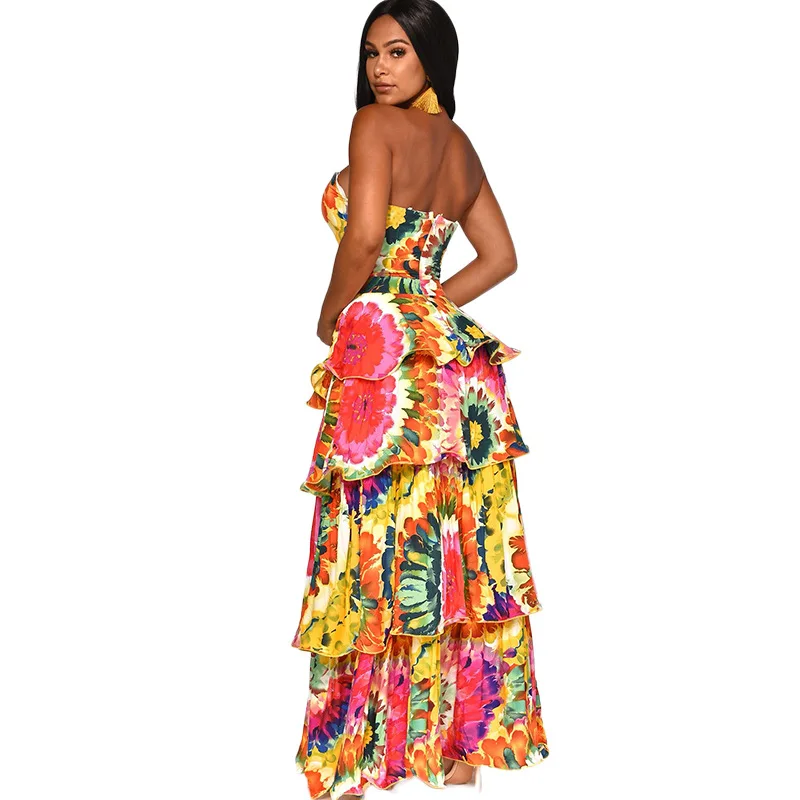 

2019 Cross-Border Popular AliExpress Sexy One Piece Dress European and American Printed Strapless Bra Cake Dress