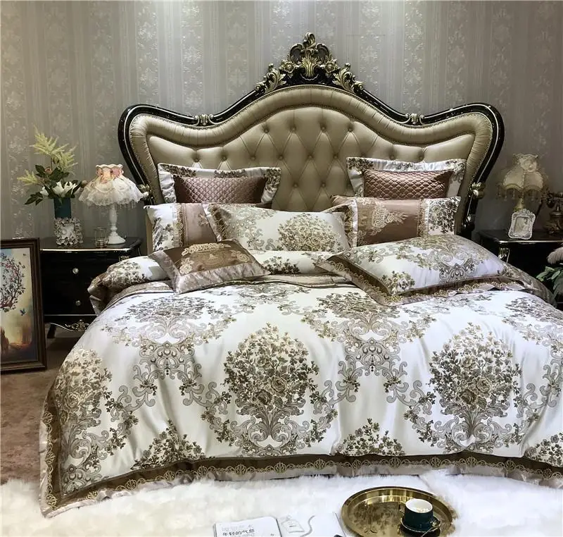 

J 4 Luxury Satin Silk Cotton European Palace Bedding Set Duvet Cover Bed Sheet/Linen Bedspread Pillowcases Queen King 4/6/10Pcs