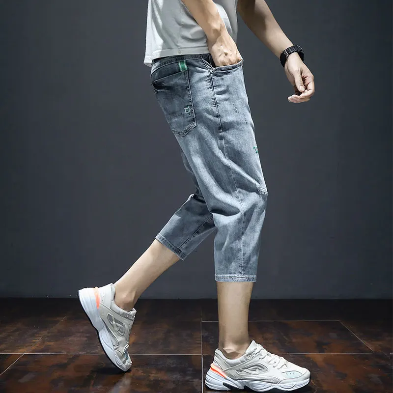 Korean Style Men Baggy Ripped Jeans Man Blue Straight Stretch Jean Calf-Length Pants Fashion Summer Distressed Short Denim
