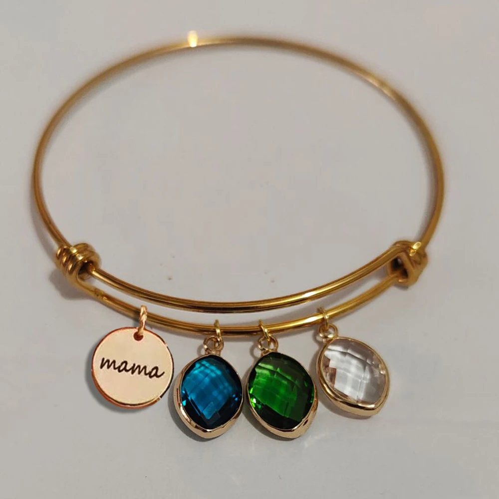 

Custom Family Name Bracelet With Birthstones Engraved Names Symbols Round Stainless Steel Adjustable Bangle For Women Mom Gifts