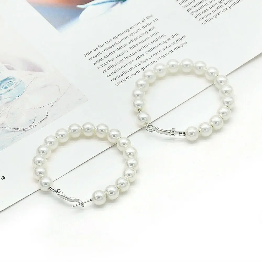 Hoop 5cm 1 пара, серьги-кольца из чистого белого жемчуга, серьги с жемчугом, круглые серьги-кольца для женщин и девушек, модные ювелирные изделия, Женские аксессуары - Окраска металла: Hoop 5cm