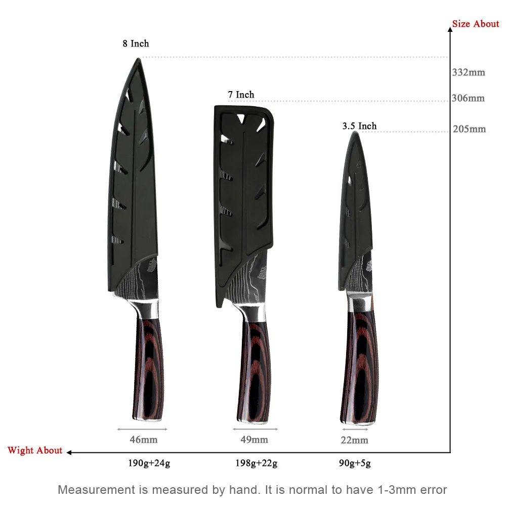 

Zemen German Steel Kitchen Knives Set Laser Damascus Veins Chef Cleaver Set Fruit Knives Cutlery Edge Protector Guards Cover