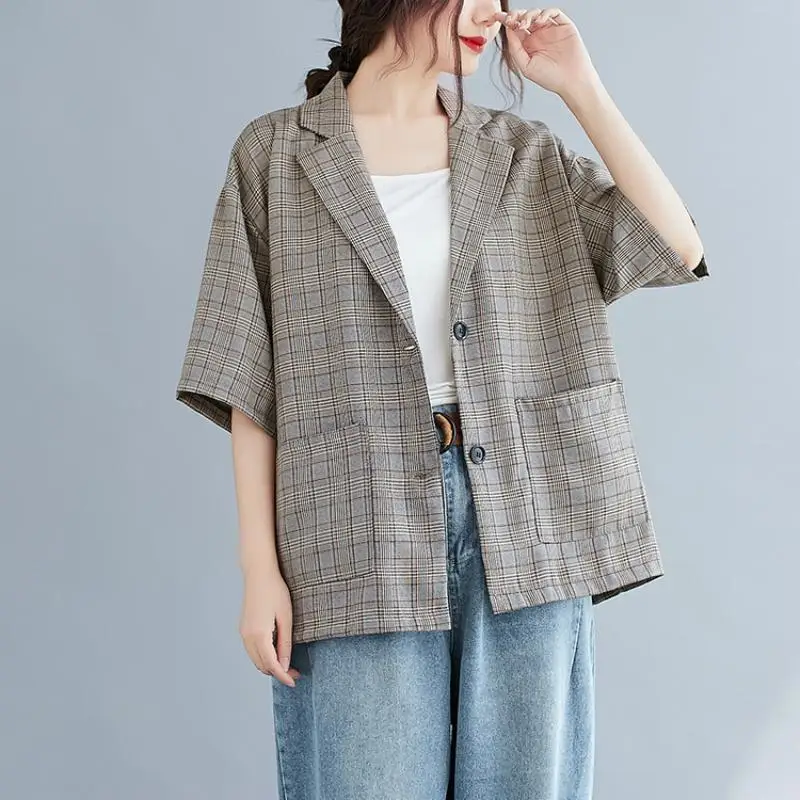 Женский клетчатый Блейзер оверсайз повседневная куртка с коротким рукавом на
