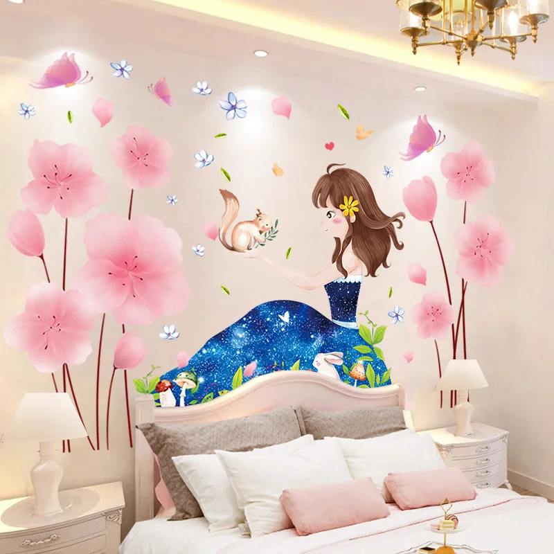 

[shijuekongjian] Cartoon Girl Wall Stickers DIY Pink Flower Plants Mural Decals for Kids Rooms Baby Bedroom Home Decoration