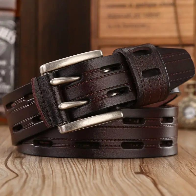 

High Quality Genuine Leather Belts for Men Brand Strap Male Double Pin Buckle Fancy Vintage Jeans Cowboy Cintos