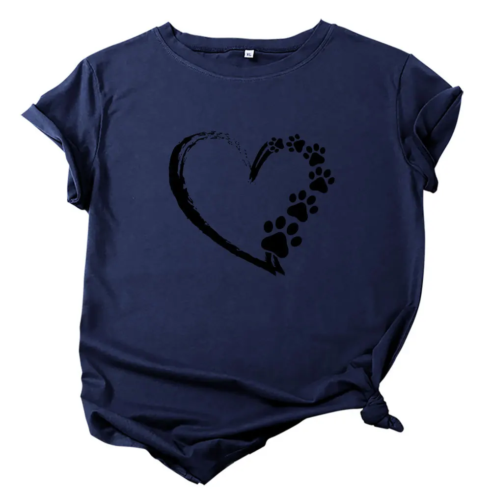 

JUNSRM 100% Cotton Women T shirt Short-sleeved for Girl Casual Soft Female Plus Size Top Bear Bear footprints Love Printing