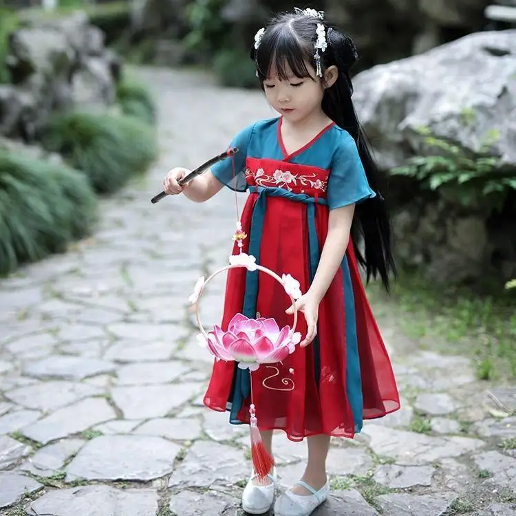 

Традиционный костюм ханьфу в древнем китайском стиле, детское летнее Новое милое свободное платье с вышивкой для девочек, праздничное сцен...