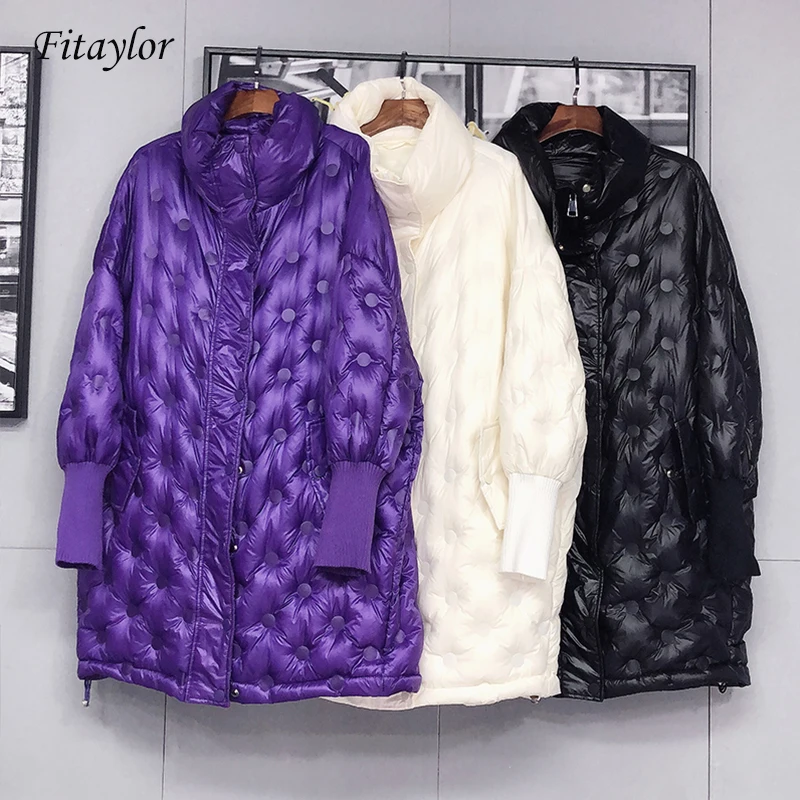Fitaylor Женская куртка на белом утином пуху свободная с яркими боками длинная