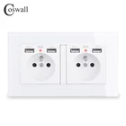 Настенная розетка COSWALL, 2 клавиши, французская стандартная с 4 USB-портами для зарядки, скрытый мягкий светодиодный индикатор, прозрачная стеклянная панель, черный белый серый