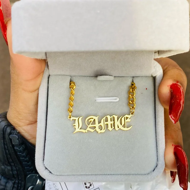 

Custom Old English Name Necklace For Women Personalized Stainless Steel Cuban Chain Jewelry Choker Necklaces Pretty Gothic Gifts