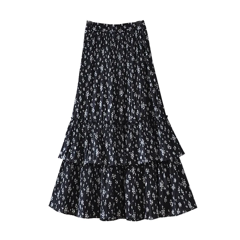 

Black Floral A-line Elegant Women's Skirt Elastic High Waist Vintage Pleated Womens Skirts 2021 Summer Fashion Clothes Female