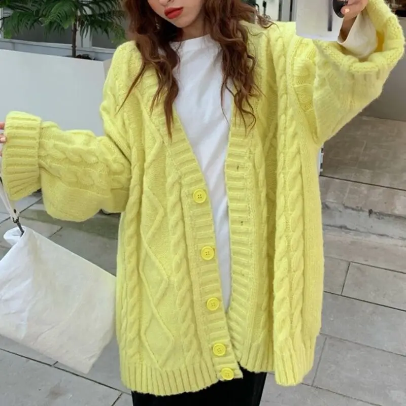 

DALMAZZO Fall Winter Cardigan Twist Knitted Sweater Women V Neck Single-Breasted Thick Warm Loose Outerwear Sweaters Tops Female